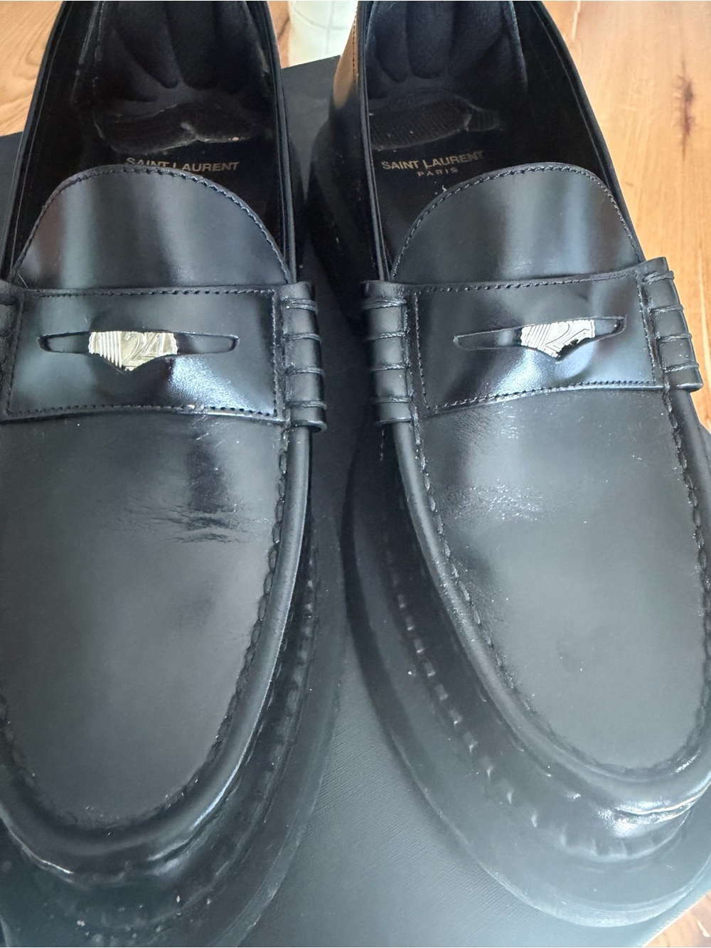 Saint Laurent Black Leather Loafers with Silver-Tone Accent